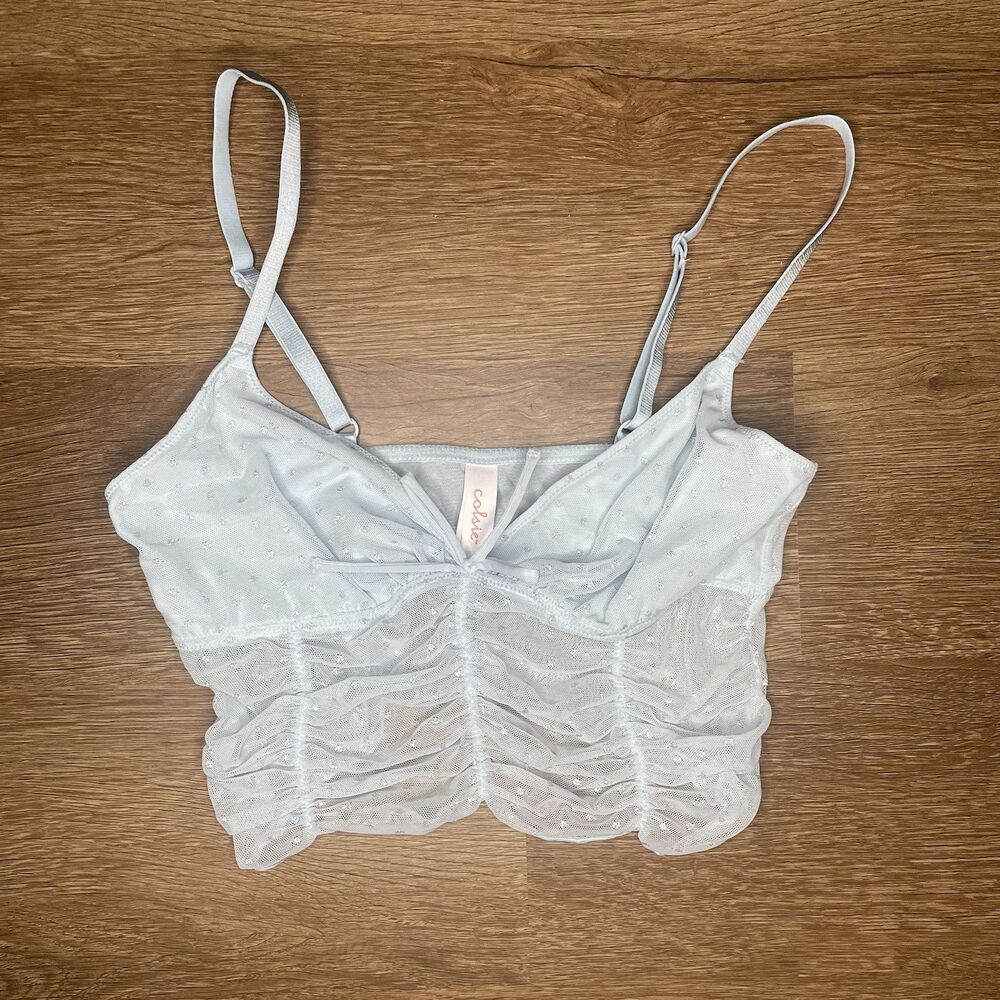 Baby Blue Mesh Bralette With Silver Polka Dots size S